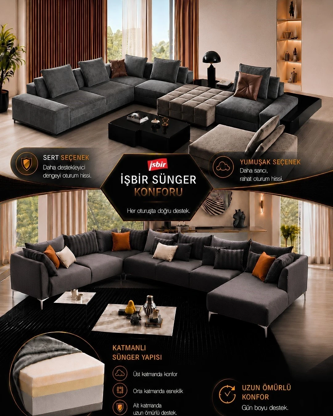 Dark ve Mayfair köşe koltuk modellerinde sert ve yumuşak oturum seçenekleri, katmanlı İşbir sünger konforu