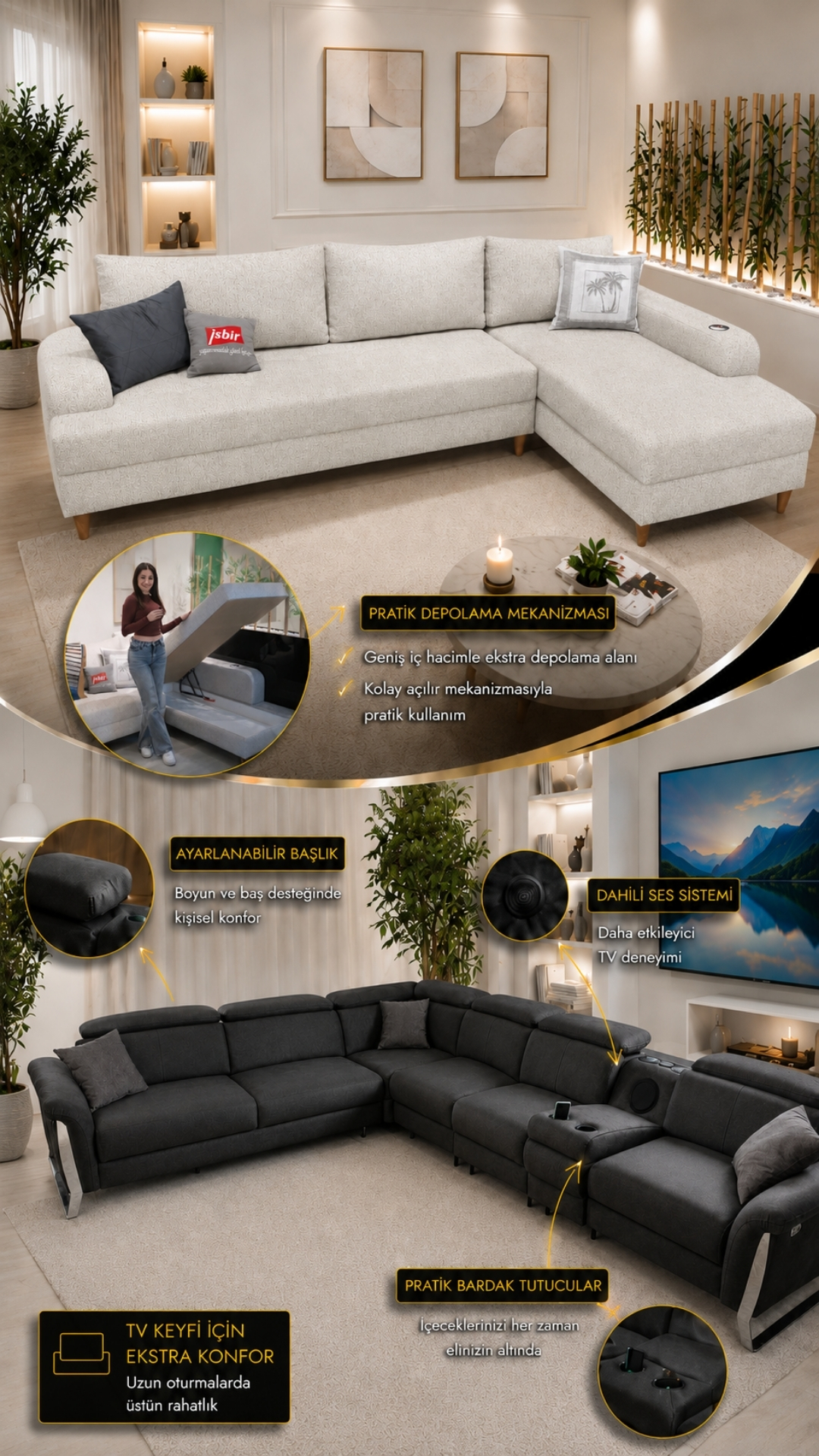Lazzoni ve TV köşe koltuğu modellerinde yatak olabilen mekanizma, ayarlanabilir başlık, dahili ses sistemi ve bardak tutucu detayları